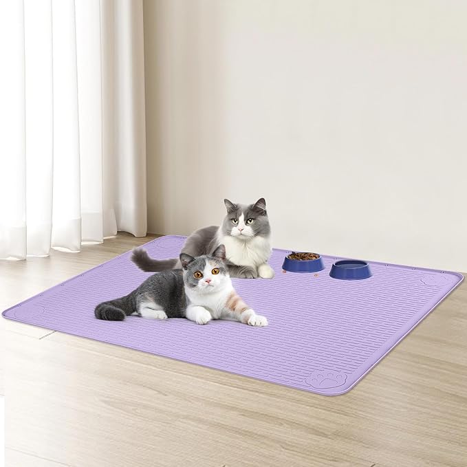 Bartuke Cat Food Mat, 34" x 22" Large Silicone Pet Feeding Mat for Food and Water Bowls Non-Slip, Easy to Clean (Purple)