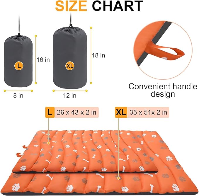 BEAUTYZOO Outdoor Dog Bed Waterproof, Camping Dog Bed Reversible, Portable Travel Bed with Carry Bag- Machine Washable, Durable, Foldable Outdoor Pet Bed Mat for Medium Large Dogs, 35" x 51" Orange