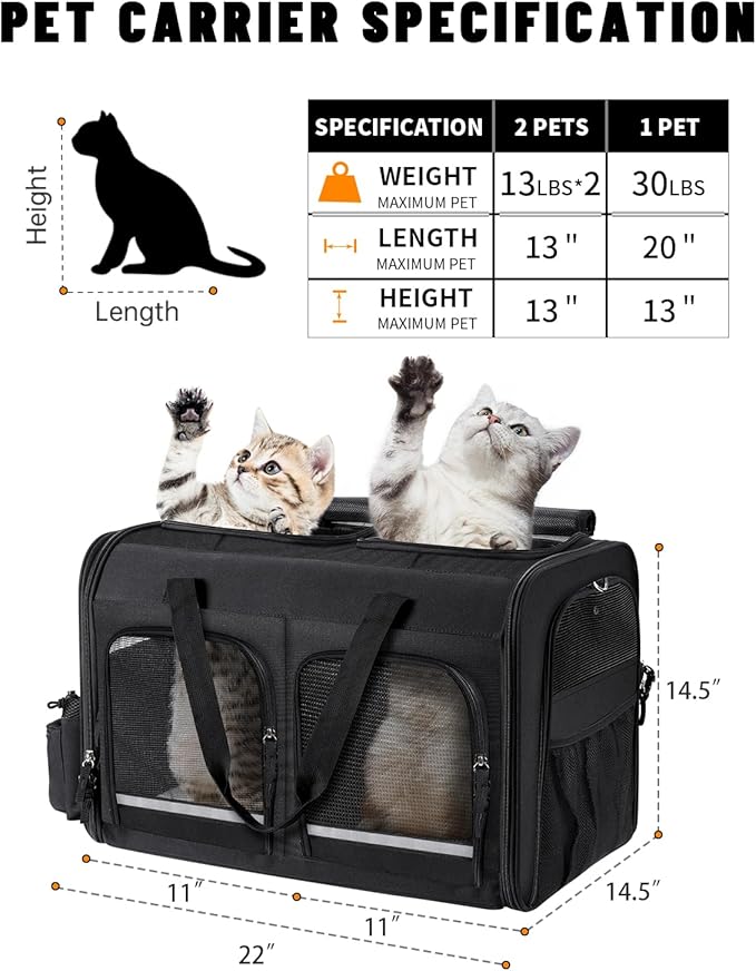 Groxkox Cat Carrier for 2 Cats, Foldable Double Cat and Dog Carrier, Small to Medium Size, 2 Front Zippered Compartments,Two Pets Carrier for Outdoor Travel,Mulitple Cat Carrier (Black)