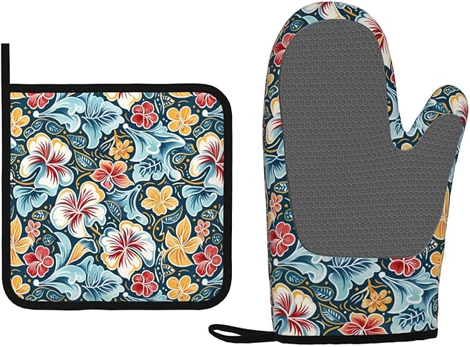 Oven Mitts and Potholders Retro Colored Flowers Silicone Glove Heat Resistant, Kitchen Gloves for Cooking, 2-Piece Set