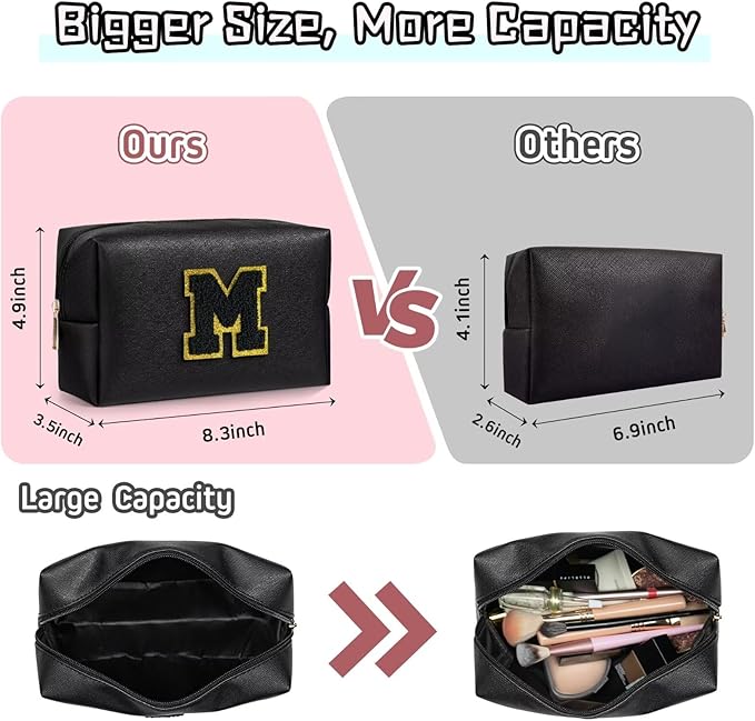 TOPEAST Preppy Patch Makeup Bag, Chenille Letter Pouch Cosmetic Bag, PU Leather Waterproof Toiletry Bag, Personalized Birthday Gift for Women Girl, Cute Stuff for Girls (Black B)