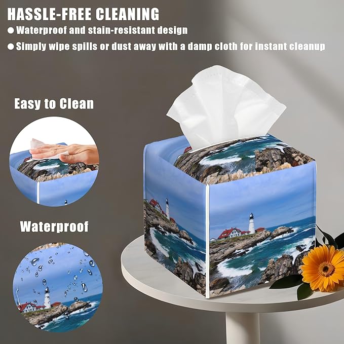 BLYKVGHQ Leather Tissue Box Holder Seaside Lighthouse Tissue Box Cover Facial Paper Case Organizer Cube Napkin Dispenser for Bathroom Vanity Countertop Night Stand Office Car