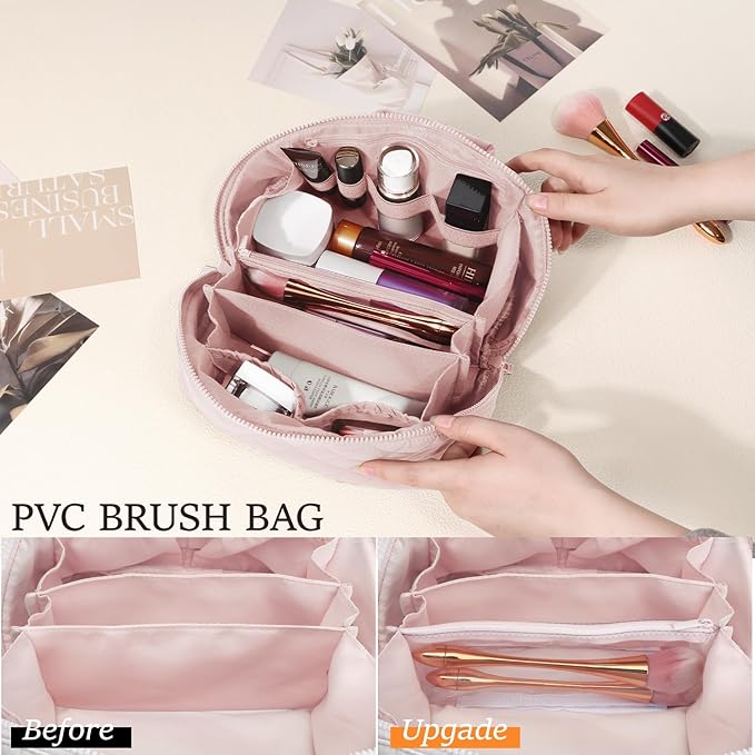 Makeup Bag for Women, Wide Open Lay-Flat Water-Resistant Cosmetic Case, Festivalment Makeup Bag, Spacious 180° Open Cosmetic Organizer for Toiletries & Brushes Large Capacity with Compartments (Pink)