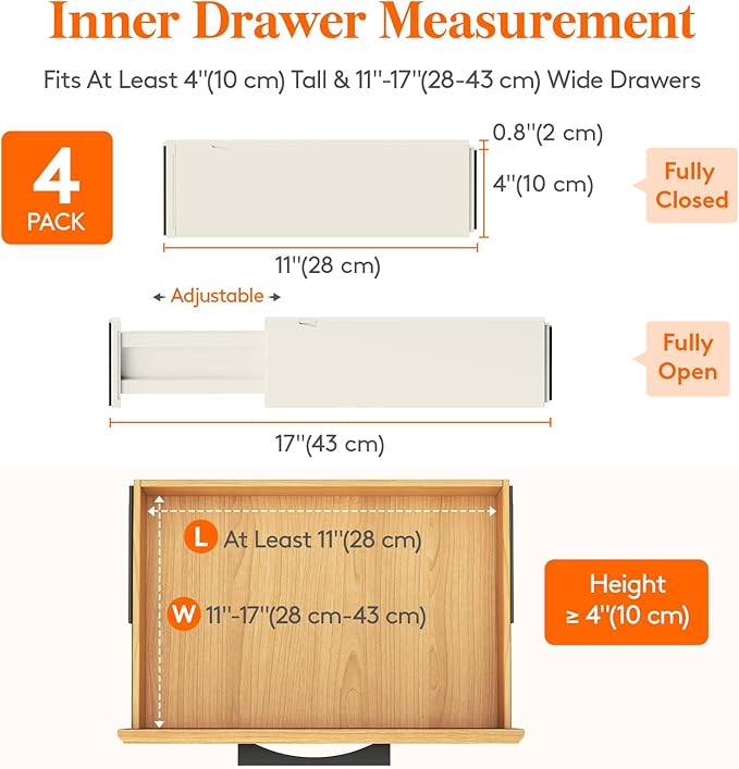 Lifewit 4 Pack Drawer Dividers Plastic 4" High, 11-17" Adjustable Drawer Organizers for Clothes, Expandable Dresser Separators in Bedroom/Bathroom/Kitchen/Office Organization and Storage, Beige