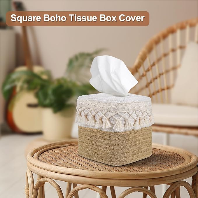 Natural Boho Tissue Box Cover: Handwoven Square Holder with Tassel for Bathroom, Table & Kitchen – Open-Bottom Design Decorative Cover for Home, Office & Farmhouse Decor
