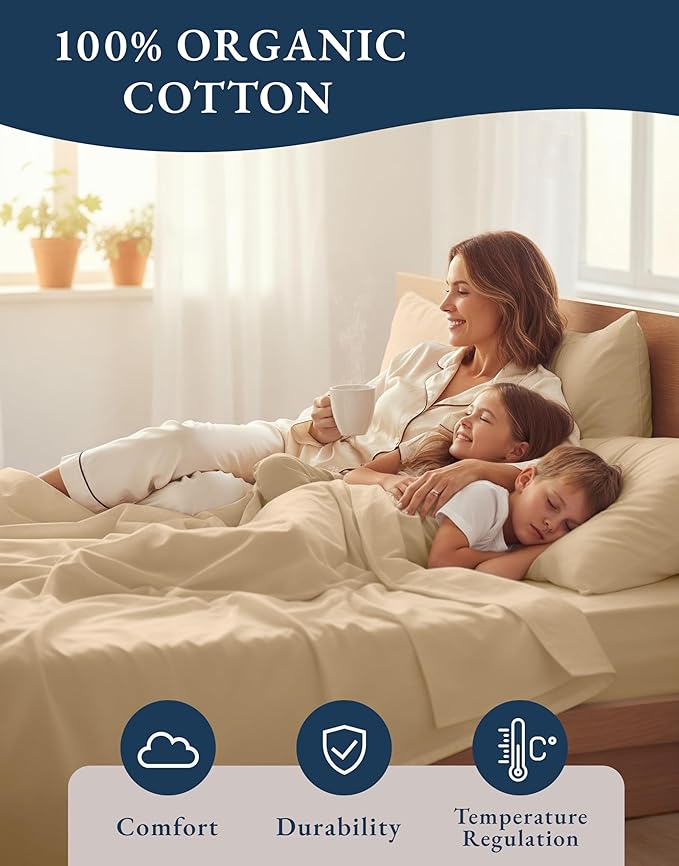 LANE LINEN 100% Organic Cotton Queen Size Sheets Set, Eco Friedly Mercerized Fully Elasticized Queen Sheets, Naturally Temperature Regulating Cooling Cotton Sheets- Linen