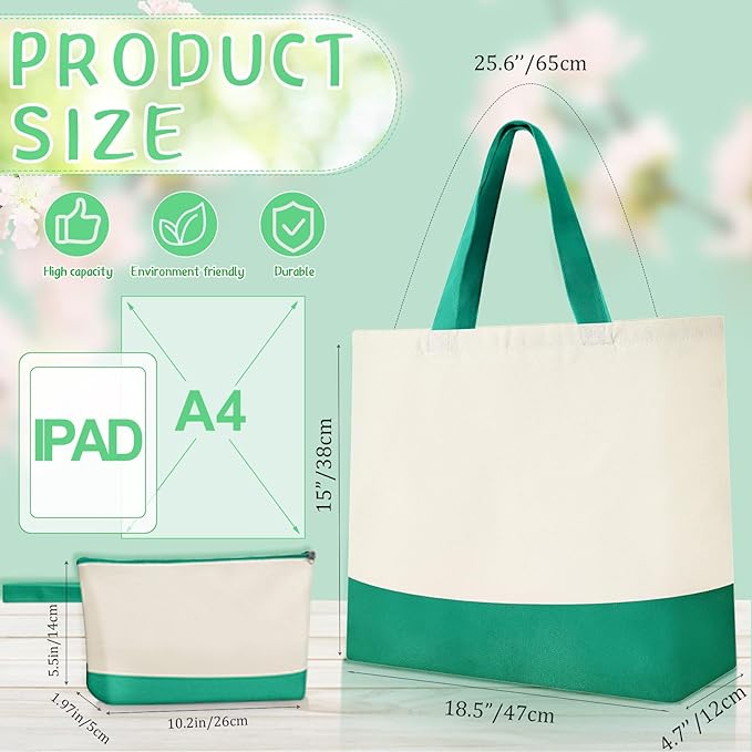 Sanwuta Canvas Tote Bags Bulk with Zipper Cosmetic Pouch 18.5" Reusable Cotton Shopping Bag with Handle for DIY Craft