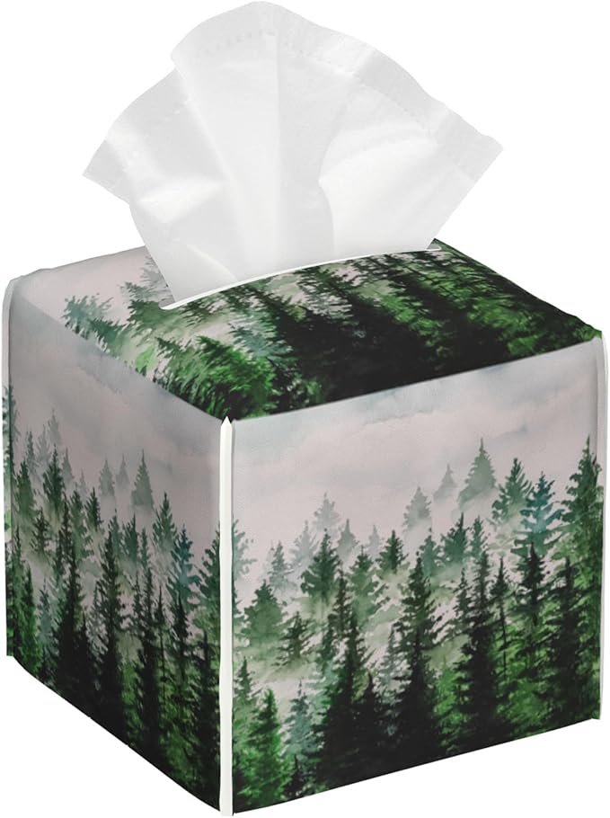Watercolor Leather Tissue Box Holder Foggy Forest Tissue Box Cover Facial Paper Case Organizer Cube Napkin Dispenser for Bathroom Vanity Countertop Night Stand Office Car