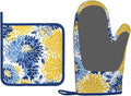 Oven Mitts and Potholders Watercolor Blue and Yellow Flowers Silicone Glove Heat Resistant, Kitchen Gloves for Cooking, 2-Piece Set