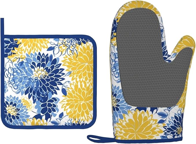 Oven Mitts and Potholders Watercolor Blue and Yellow Flowers Silicone Glove Heat Resistant, Kitchen Gloves for Cooking, 2-Piece Set
