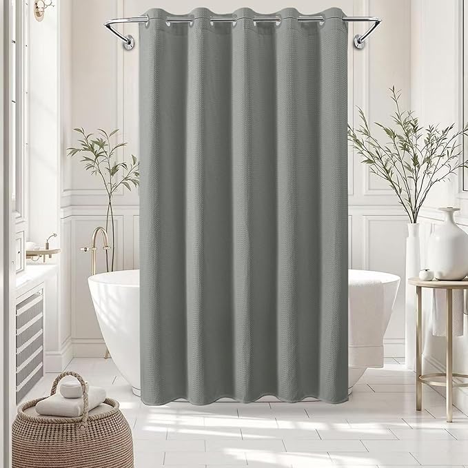 Zemyovia Waterproof No Hooks Waffle Shower Curtain, 260GSM Heavy Duty Fabric, with 10 Durable Split Grommets, Luxury Hotel Spa Style for Bathroom, Machine Washable, 74 x 72 Standard Size, Grey
