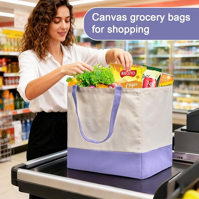 CNaiyunpin Reusable Grocery Bags Heavy Duty, 8.3 gal Foldable Large Canvas Tote Bag with Handles, Holds 60 lbs Canvas Shopping Bags, 3 Pack（Off White+Light purple）