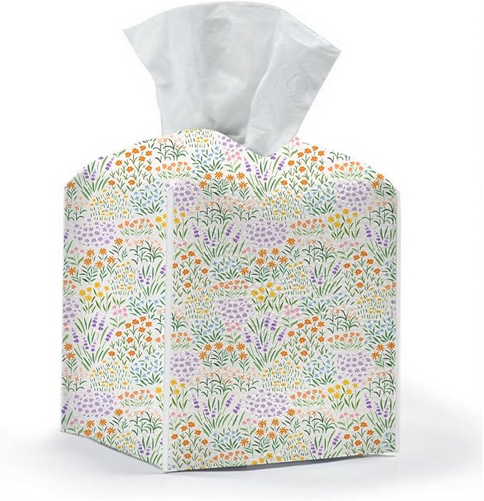 Tissue Box Cover, Tissue Box Holder, Square with Belt Bottom, PU Leather Decorative Organizer for Desk, Tabletop, Countertop Living Room, Toilet Car, Office, Dresser Bedside, Aesthetic Floral Decor