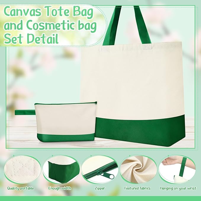 Sanwuta Canvas Tote Bags Bulk with Zipper Cosmetic Pouch 18.5" Reusable Cotton Shopping Bag with Handle for DIY Craft