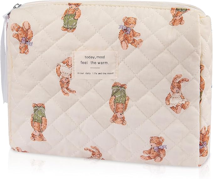 Gosect Floral Makeup Bag, Small Cosmetic Bag for Women Girls, Cute Cotton Makeup Bag, Quilted Makeup Bags, Flower Travel Toiletry Organizer Bag (White Bear)