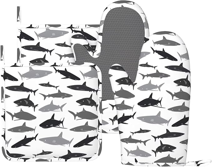 Sharks Oven Mitts and Pot Holders Set of 4 Silicone Sea Animal Kitchen Mitten Gloves and Non-Slip Shark Potholders Set Heat Resistant Oven Gloves Hot Holders for Kitchen