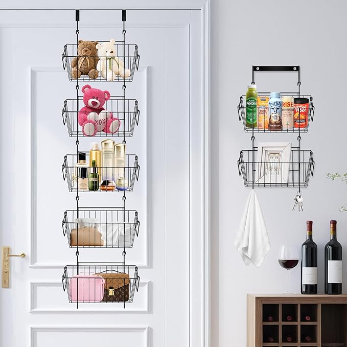 ziroland Over The Door Organizer – 5 Removable Hanging Baskets, Back of Door Storage for Bathroom, Kitchen, Pantry & Garage, No Tools Needed, 3 Installation Methods (Wall/Door Mount) Black