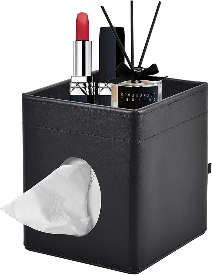 XNONE Tissue Box Cover Square Tissue Box Holder PU Leather Facial Tissues Organizer with Storage Tray for Bathroom Vanity Bedroom Office Car, Stylish Napkin Caddy Decorative Organizer (Black)