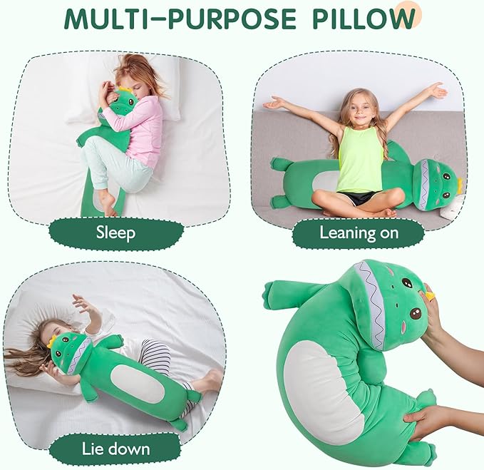 HAIJUNYA 36” Large Dinosaur Plush Long Pillow, Cute Green Extra Dinosaur Stuffed Animals, Big Soft Body Pillow Squishy Plushies Toy, Gifts for Kids Boys Girls, Birthdays, Halloween, Christmas