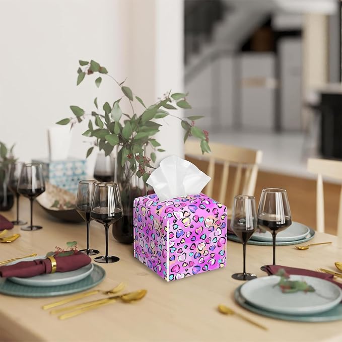 Colorful Heart Tissue Box Cover,Leopard Print PU Leather Tissue Box Holder Square,Modern Home Decoration for Bathroom Living Room Kitchen Office Car,5.2"×5.2"×5.2"