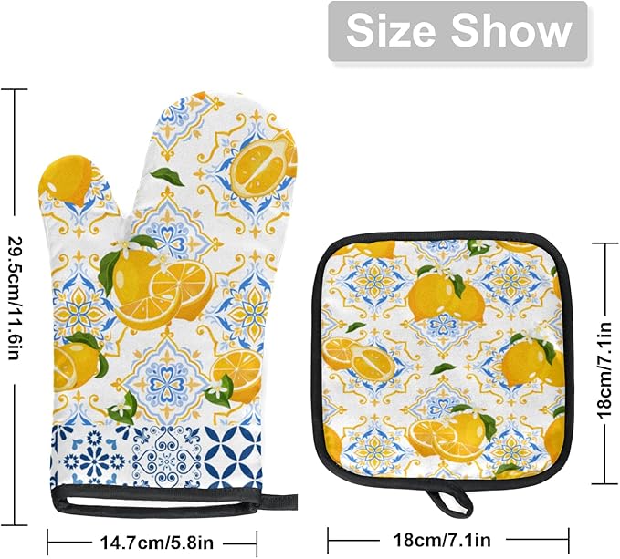 Oven Mitts and Pot Holders Set Ethnic Lemon - Heat Resistant Oven Gloves Potholder for BBQ Baking Grilling Cooking Kitchen Set of 2,Citrus Lemon Flower