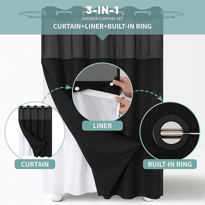eachope Black No Hook Waffle Weave Shower Curtain with snap-in Liner Replacement, 230GSM Waterproof Fabric Hotel Shower Curtain Set for Bathroom, Through Mesh Top Window,60Wx74H