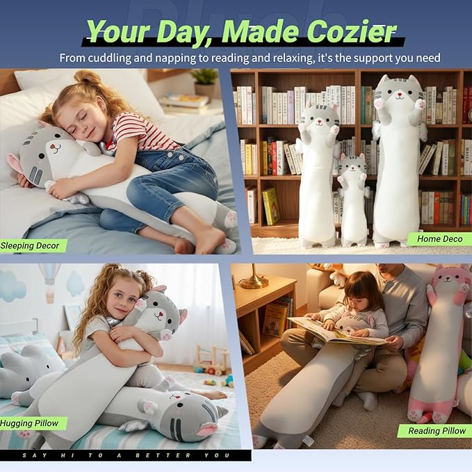 Long Cat Plush Pillow, Cute Cat Stuffed Animal Body Pillow with Wings, Soft Kawaii Kitty Hugging Pillow, Christmas Valentine's Birthday Gift for Kids Girls Boys (Gray, 90cm/35.43in)