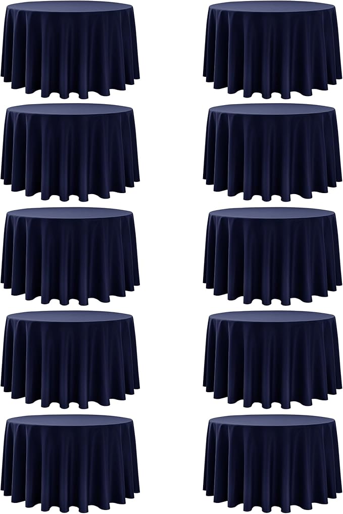10-Pack Navy Blue Round Tablecloths, 108 Inches, Stain-Resistant Polyester for 4-5 Ft Round Tables - Washable Table Covers for Weddings, Banquets, Birthday Parties, Events