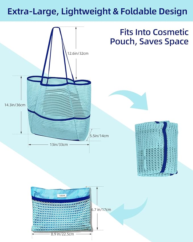 ToKismet Mesh Beach Tote Bag Packable,2026 New 2-in-1 Large Lightweight Foldable Beach Bags with Multiple Pockets for Women