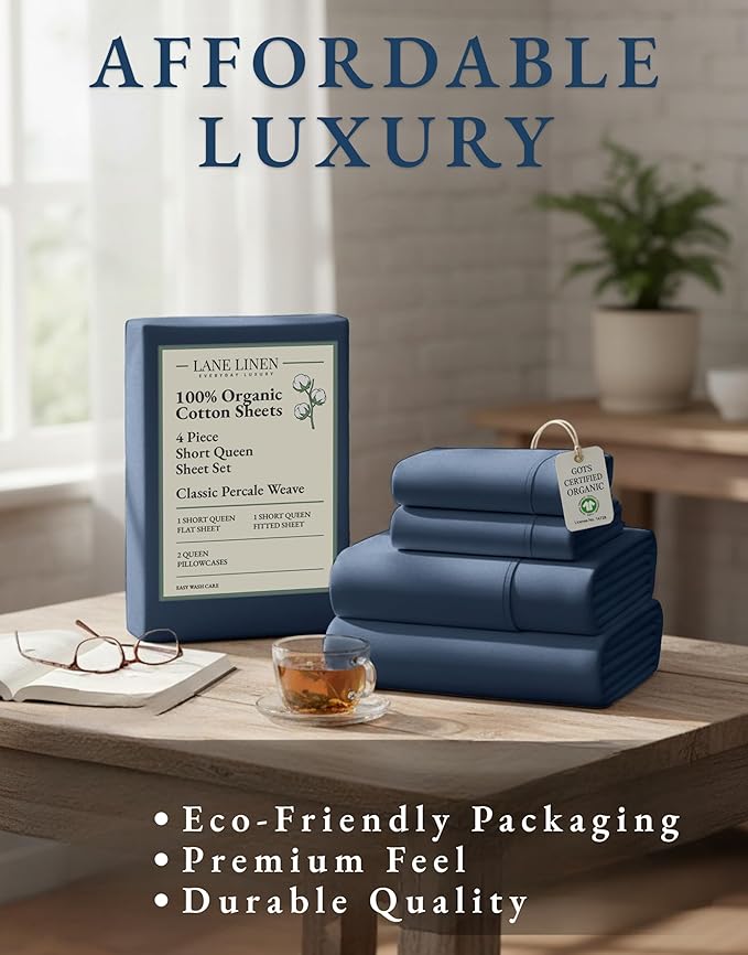 LANE LINEN 100% Organic Cotton Sheets Set, 4Pc Sheet Set Short Queen Size, Classic Percale Weave, Breathable RV Queen Cotton Sheet Set, RV Queen Deep Pocket Sheets, Oeko-Tex Sheets - Estate Blue