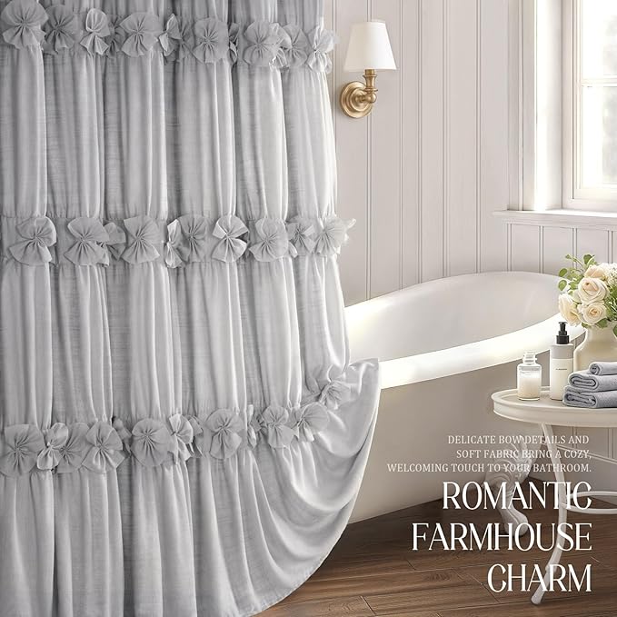 XOGUIBO Linen Ruffle Shower Curtain with Handmade Bow Tie, Vintage Farmhouse Shower Curtain for Bathroom, Grey 72" W x 72" H