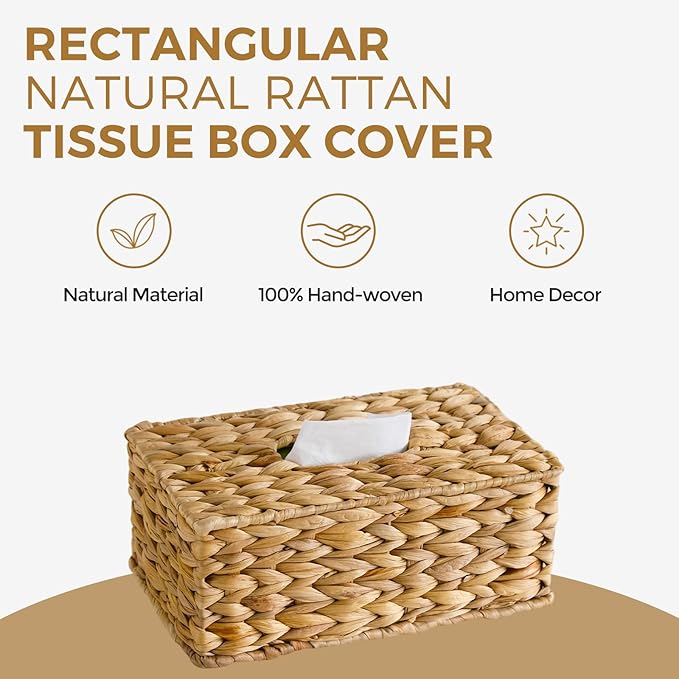 KALEKAIL Rectangular Tissue Box Cover Compatible with 100-180 Sheets of Kleenex Water Hyacinth Rectangle Tissue Box Rattan Tissue Box Holder Rectangular, Hand Woven Wicker Tissue Holder