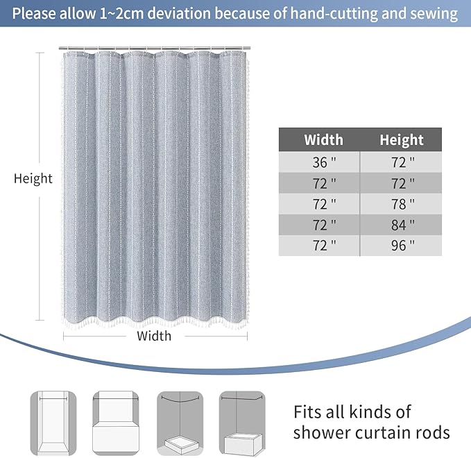 MitoVilla Boho Extra Long Shower Curtain 72 x 84, Blue 84 inch XL Polyester Linen Tassel Fabric Shower Curtain Set with Hooks for Vintage Country Farmhouse Bathroom Decor, Thick & Wrinkle Resistant