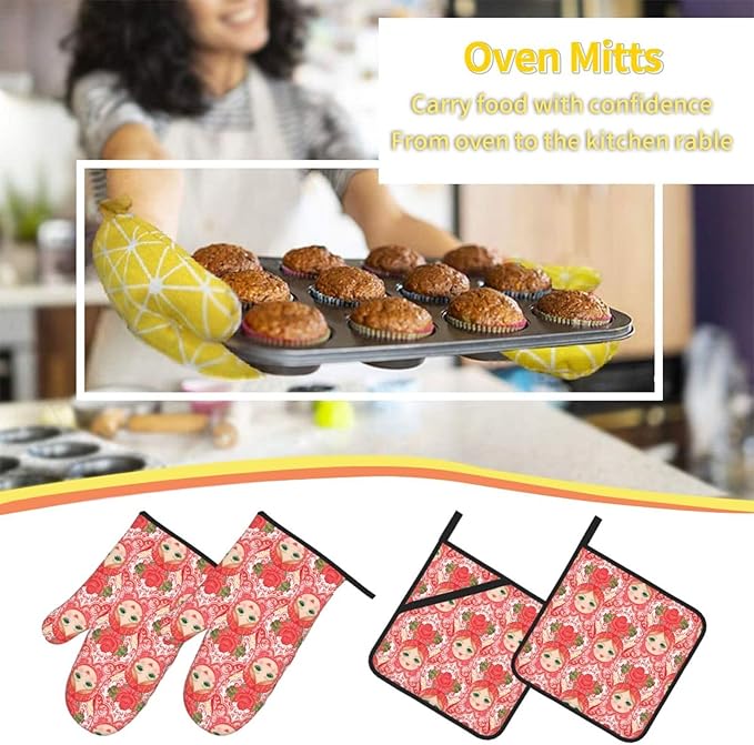 Traditional Russian Nesting Doll with Flowers Oven Mitts and Pot Holders 4 Pcs Set Oven Gloves and Potholders for Cooking Microwave BBQ Baking Grilling