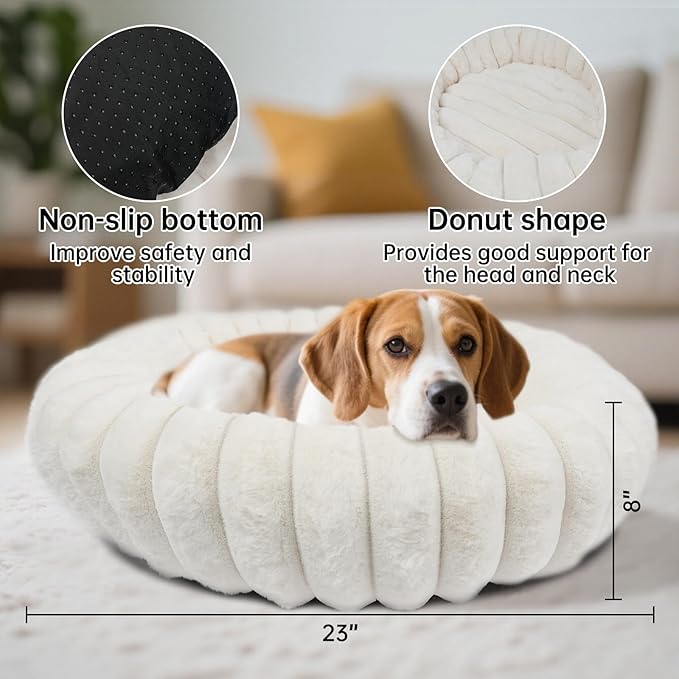 Vhen When Donut Dog and Cat Bed, Luxurious Comfortable Faux Rabbit Fur Pet Beds, Soft Anti-Anxiety Calming Puppy Kitten Bed with Anti-Slip Bottom for Small Medium Dogs & Cats(23", White)
