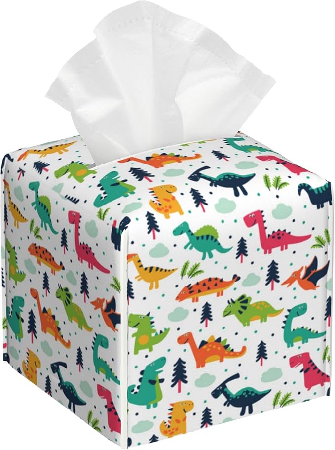 POIUBLE Leather Tissue Box Holder Cartoon Dinosaur Tissue Box Cover Square Waterproof Tissue Holder Organizer Modern Napkin Holder for Bedroom Dresser Night Stand Office Desk