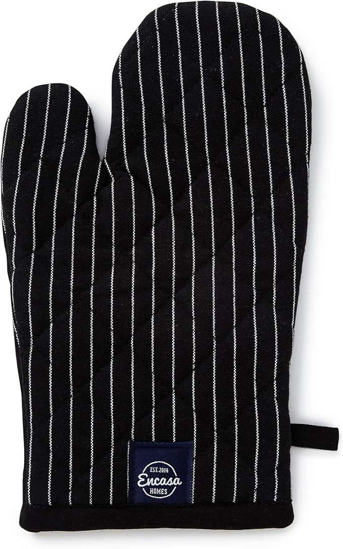 Encasa XO Long 12"x7" Oven Microwave Hand Gloves Mitts (2 pc Set) for Kitchen Cooking & Baking - Heat Resistant, Thick & Safe, Protection of Hands from Hot Utensils - Butcher Stripes Black