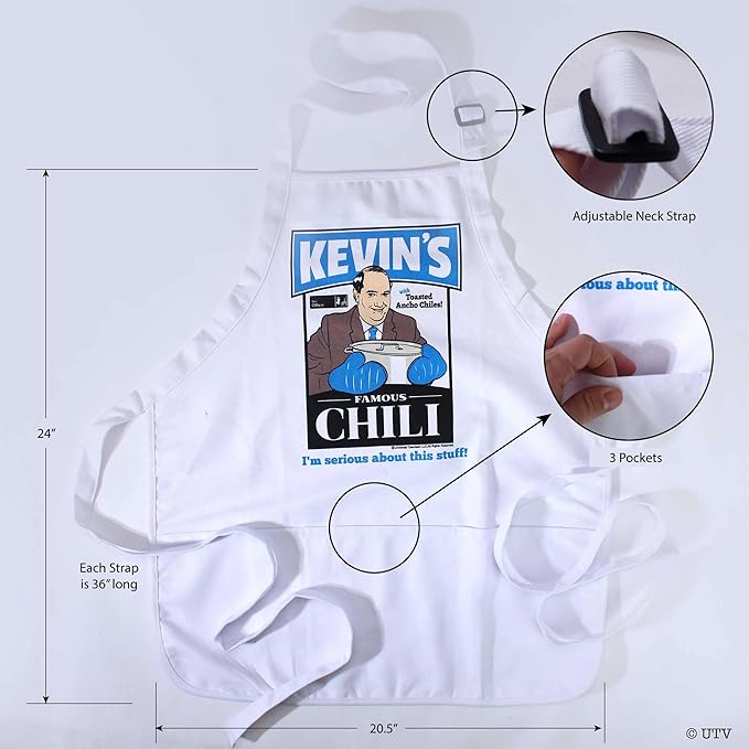 Prime Party The Office Kevin's Famous Chili Cook-Off Apron with Pockets and Adjustable Neck Strap 100% White Cotton for Kitchen Crafting BBQ