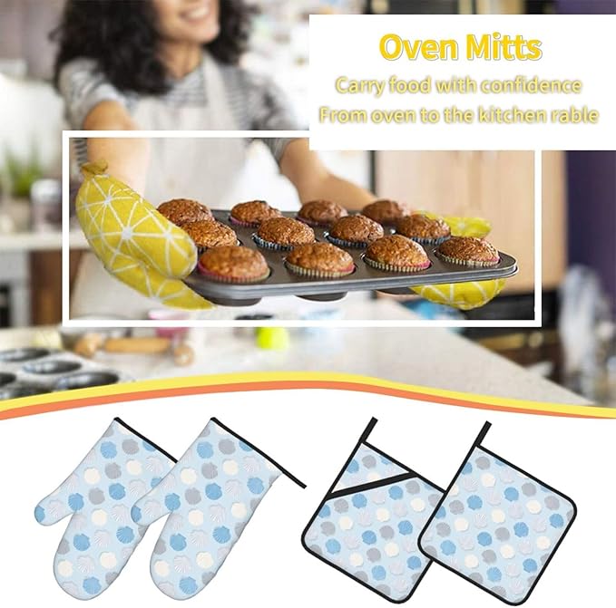 Oven Mitts and Pot Holders Sets of 4 Summer Seashell Blue Pastel Kitchen Potholder Gloves Heat Resistant Non-Slip for Chef Baking Cooking Grilling BBQ Mittens