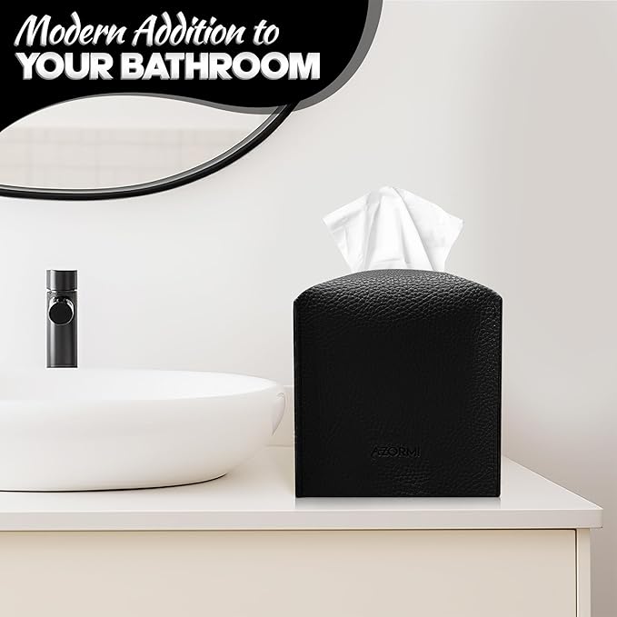 Tissue Box Cover Holder, PU Leather Tissue Box Cover Square with Bottom Belt, Cube Tissue Holder for Bathroom, Modern Organizer for Car, Office, Tabletop (Black, 14 Leather Patterns)