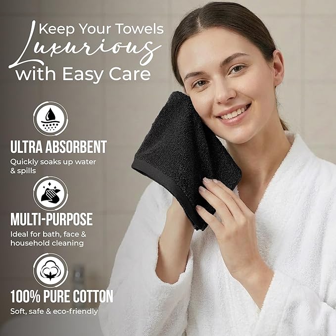 RIVERSIDE 24 Pack Washcloths Set - 100% Cotton [12x12 Inches] - 500 GSM, Soft, Quick-Dry & Highly Absorbent Face Towels - Perfect for Bathroom, Gym, Hotel, Spa & Travel - Black