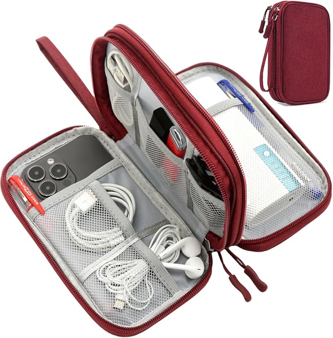 CAAORDKSO Electronic Organizer Travel Cable Accessories Bag, Case for Cable, USB, Cord, Charger, Phone, Power Bank, Earphone (Wine Red, Large)