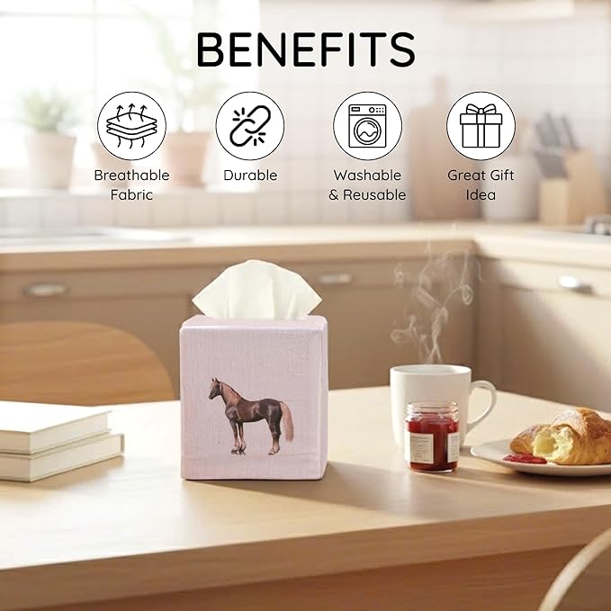 EmbroideryLinen.VN Tissue Box Cover Set of 2, Square Linen Tissue Holder, Printed Animal Pattern, 4.5x4.5x5.5 Inches, Decorative Holder for Bathroom, Living Room, Office (Horse - Ivory & Pink)