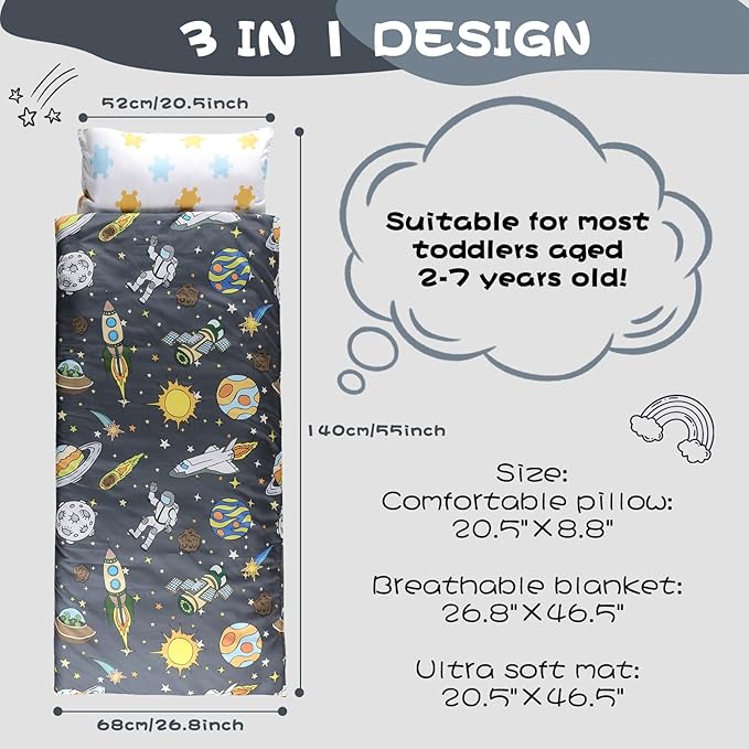 Hi Sprout Toddlers Nap Mat with Removable Pillow and Soft Blanket, Lightweight Daycare Preschool Kindergarten Sleeping Bag, Travel Slumber for Kids Girls Boys