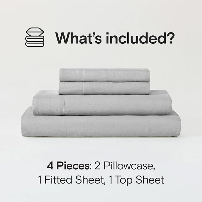 Sijo Stone Washed Organic French Linen Bed Sheet Set, GOTS Certified Organic, Best Cooling Linen Sheet Award by Sleep Foundation, 4 Piece - 2 Pillowcases, 1 Fitted and 1 Flat (Dove, King)