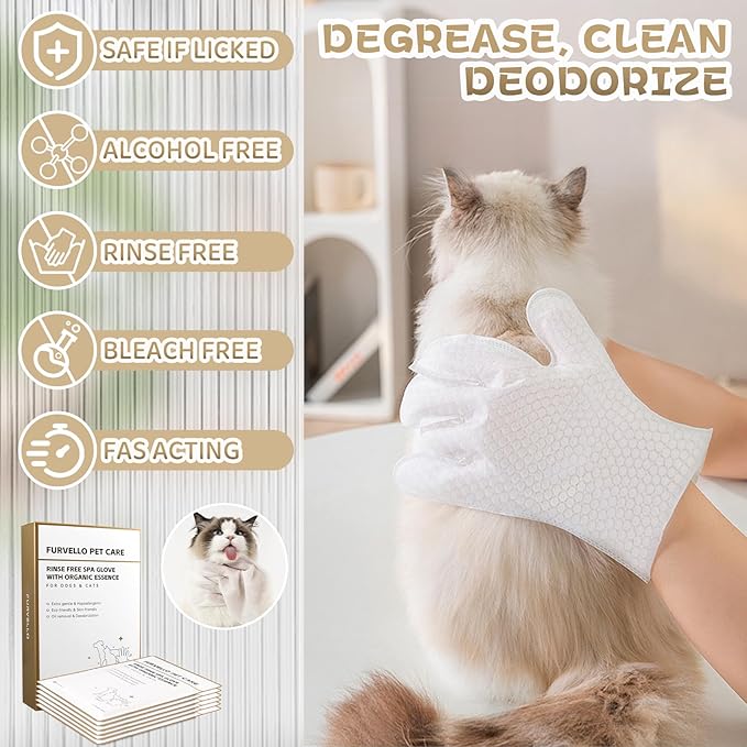 FURVELLO 4 in 1 Pet Glove Wipes for Dogs & Cats, 7 Plant Extracts, Pet Cleaning Wipes Hypoallergenic, Dog Washing Gloves Extra Thick, Lick-Safe, Deodorizing, Rinse Free for Grooming and Travel, 6PCS