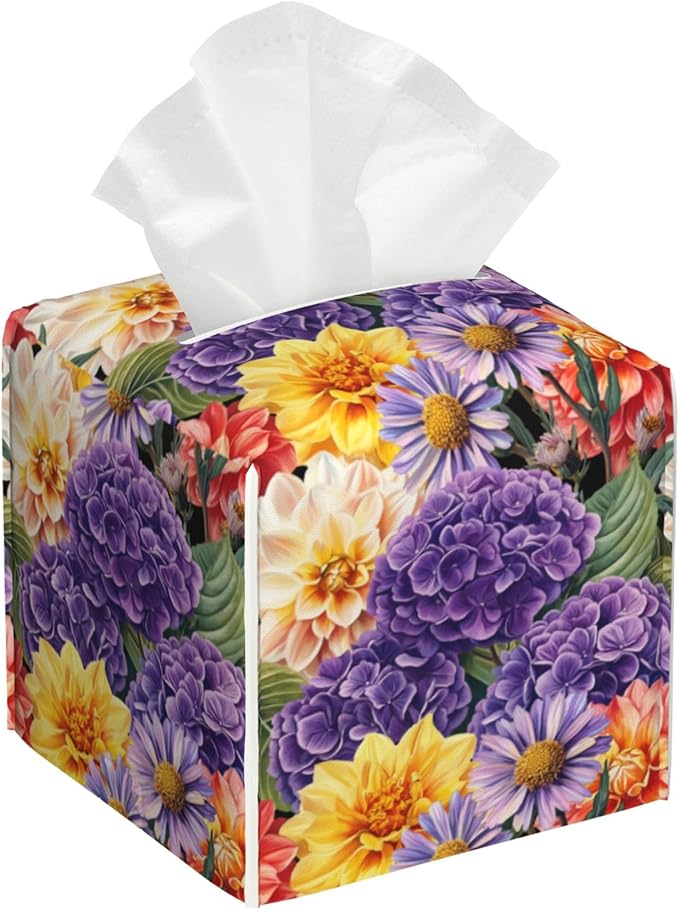 BLYKVGHQ Hydrangea and Dahlia Flower Tissue Box Cover Square, Daisy Tissue Box Holder with Bottom Belt Leather Facial Paper Organizer Dispenser for Bathroom Bedroom Dresser Night Stand Tabletop