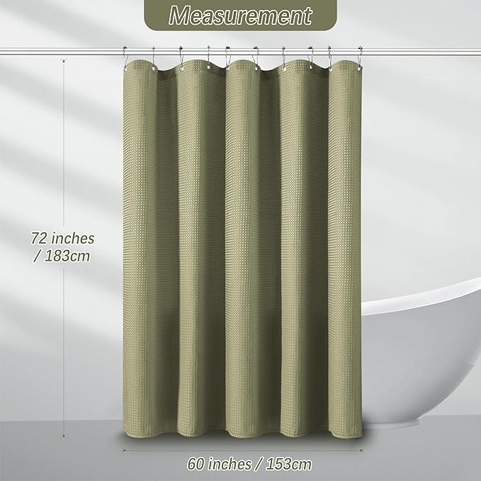PANGSINNE Khaki Shower Curtain Waffle Weave 60 Inches Heavy Fabric Duty Shower Curtains for Stall, Water Repellent 256GSM Weighted Modern Bathroom Shower Curtains with 10 Metal Hooks, 60Wx72H