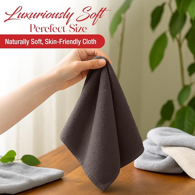 RIVERSIDE 12 Pack Washcloths - 12x12 Inches, 500 GSM, 100% Ring-Spun Cotton - Soft, Absorbent & Durable Face and Body Towels - for Bathroom, Spa, Gym, Makeup Removal & Everyday Use - Brown