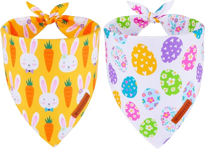 ADOGGYGO Easter Dog Bandana, Egg Rabbit Carrot Pet Scarf, Premium Durable Fabric, White Orange Easter Bandanas for Medium Large Dogs Pets (Large)